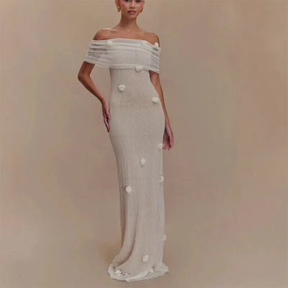 Chic 3D Flower Sleeveless Slim Maxi Dress Elegant Off Shoulder Knitted Long Dresses for Women 2025 Spring New Evening Party Robe