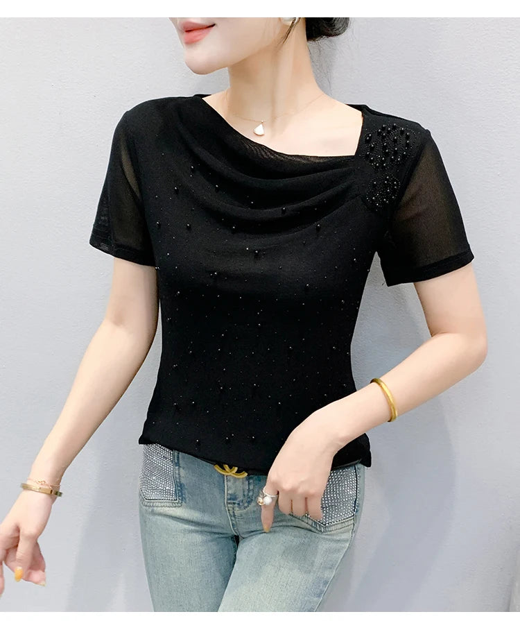 Korean Fashion Hot Diamond T Shirt Summer Casual Skew Neck Mesh Tops Beaded Short Sleeve Women Tees