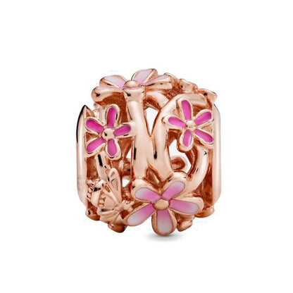 Rose Gold Fine Plated Pink Clip Dasiy Butterfly Dragonfly DIY Charms Fit Original Sterling Silver 925 Bracelet For Women Jewelry