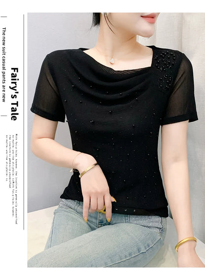 Korean Fashion Hot Diamond T Shirt Summer Casual Skew Neck Mesh Tops Beaded Short Sleeve Women Tees