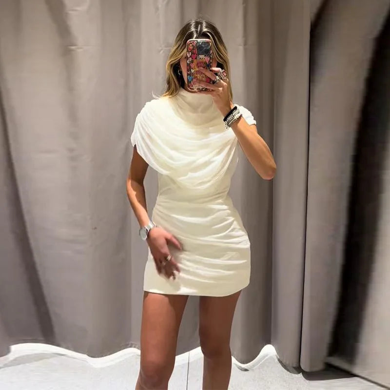 Elegant Mesh Shawl Short Dress Women Pleated Half High Collar Sleeveless Female Dresses 2026 Spring Lady Chic Party Gowns New