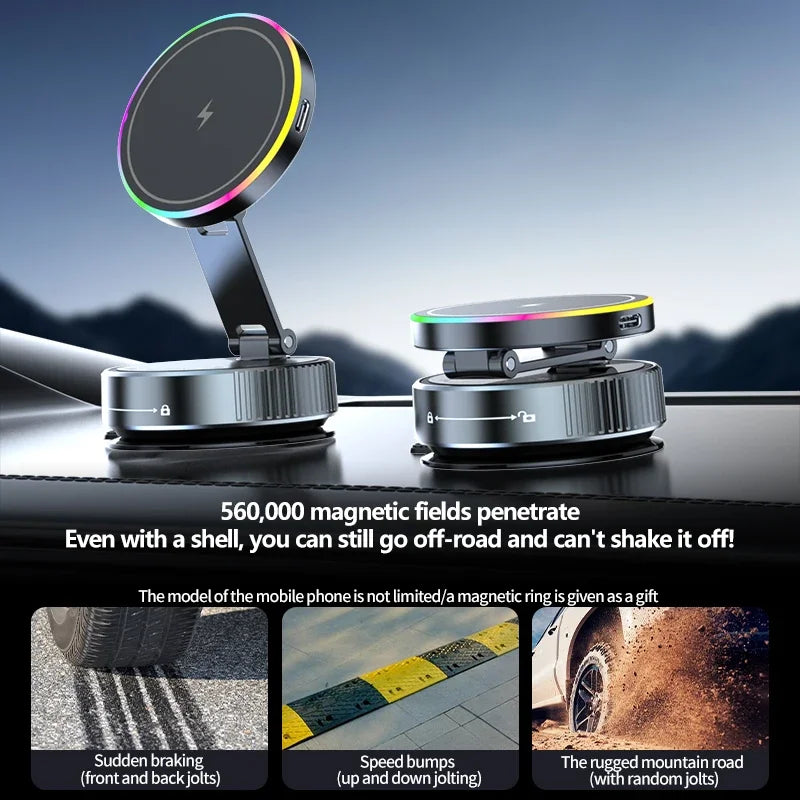 15W Vacuum Suction Cooling Magnetic Wireless Charger Car Phone Holder Mount 360 Rotatable Compatible with Smartphones for iPhone