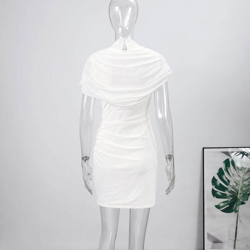 Elegant Mesh Shawl Short Dress Women Pleated Half High Collar Sleeveless Female Dresses 2026 Spring Lady Chic Party Gowns New