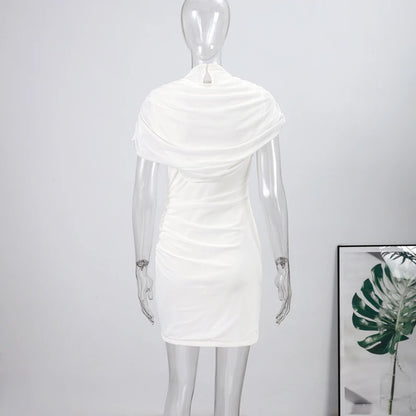 Elegant Mesh Shawl Short Dress Women Pleated Half High Collar Sleeveless Female Dresses 2026 Spring Lady Chic Party Gowns New
