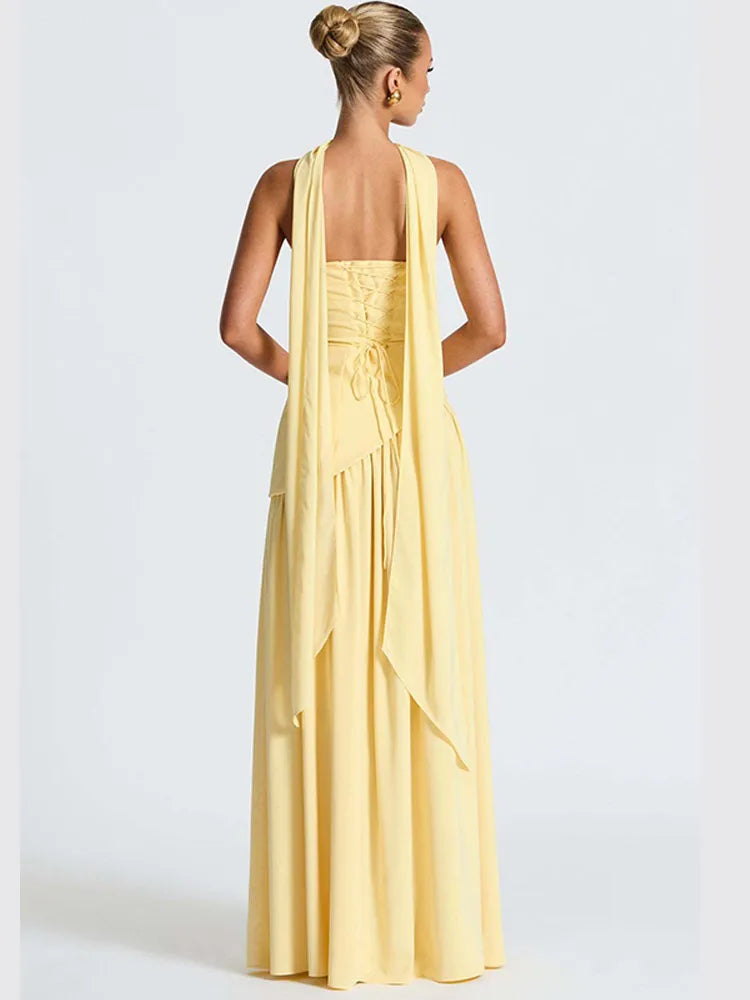 Elegant Off-shoulder Strapless Yellow Long Dresses 2025 Summer Party Dress Women Pleat Scarf Neck Holiday Evening Lady Vestidos