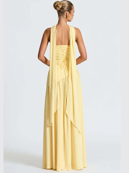 Elegant Off-shoulder Strapless Yellow Long Dresses 2025 Summer Party Dress Women Pleat Scarf Neck Holiday Evening Lady Vestidos