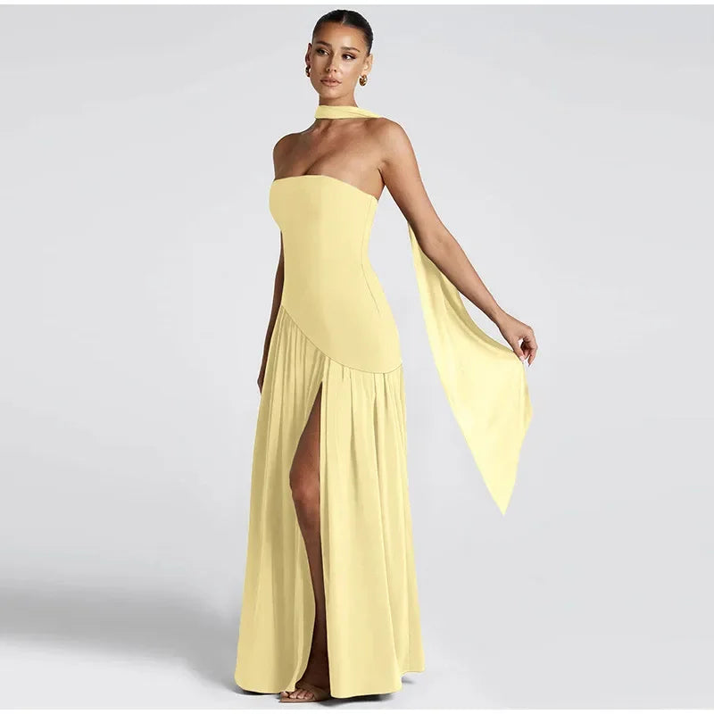 Elegant Off-shoulder Strapless Yellow Long Dresses 2025 Summer Party Dress Women Pleat Scarf Neck Holiday Evening Lady Vestidos