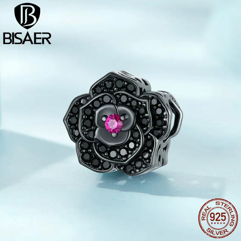 BISAER 925 Sterling Silver Vintage Dark Rose Charm Bead Black Rose Pendant for Women DIY Bracelet & Necklace Fine Jewelry
