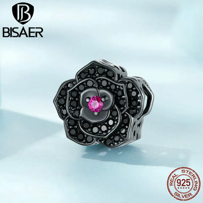BISAER 925 Sterling Silver Vintage Dark Rose Charm Bead Black Rose Pendant for Women DIY Bracelet & Necklace Fine Jewelry