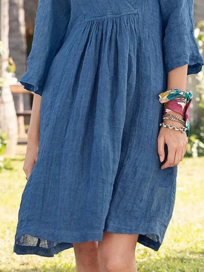 Cotton Linen Solid Color Dress Women's Spring Summer Seven Quarter Sleeve Sexy V-neck Casual Loose Mid Length Dress