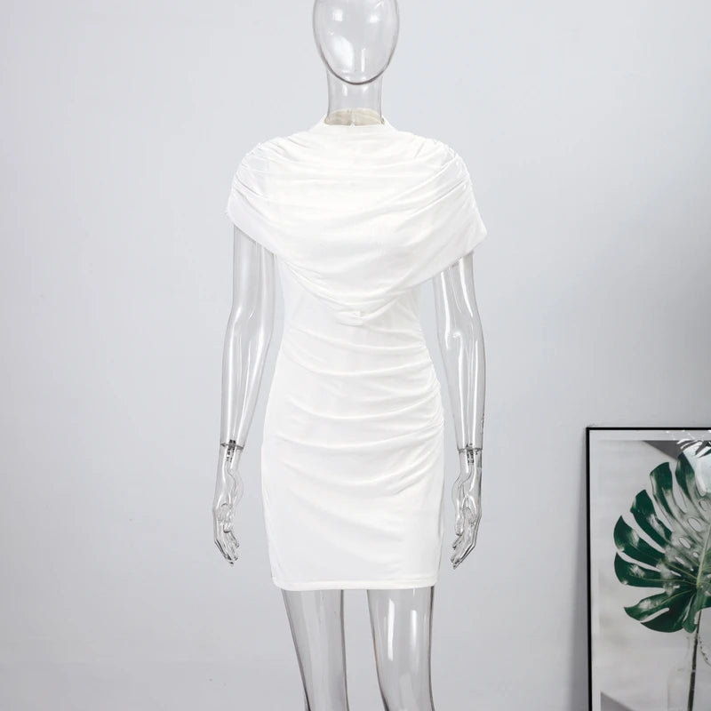 Elegant Mesh Shawl Short Dress Women Pleated Half High Collar Sleeveless Female Dresses 2026 Spring Lady Chic Party Gowns New