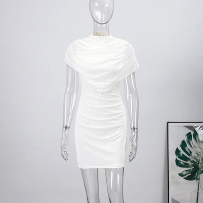 Elegant Mesh Shawl Short Dress Women Pleated Half High Collar Sleeveless Female Dresses 2026 Spring Lady Chic Party Gowns New