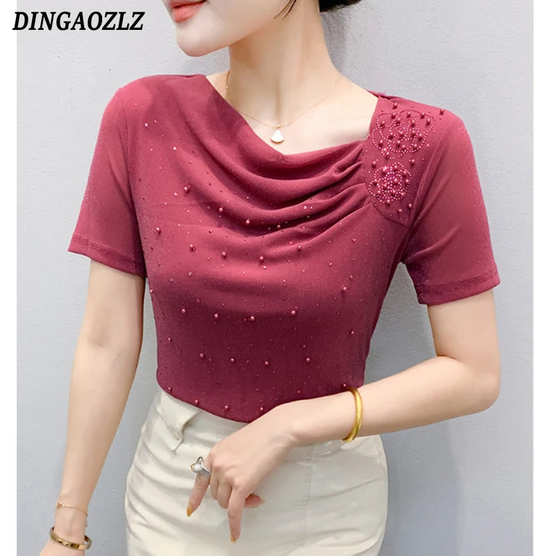 Korean Fashion Hot Diamond T Shirt Summer Casual Skew Neck Mesh Tops Beaded Short Sleeve Women Tees