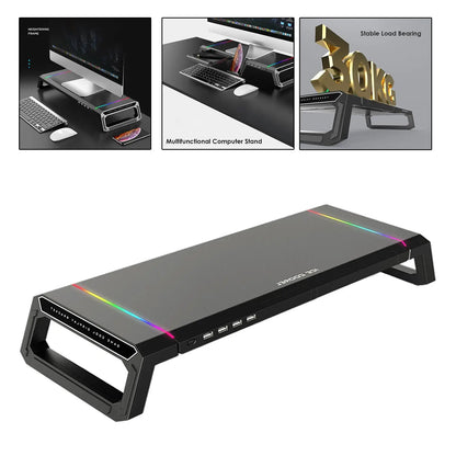 Aluminum RGB Monitor Stand Riser Bracket with 4 USB Ports Desk Organizer All-In-One Computer Laptop Height Stand Holder