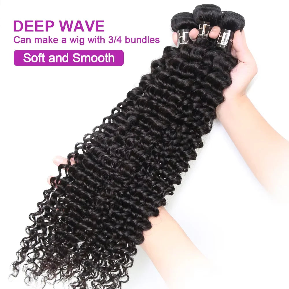 Deep Wave Human Hair Bundles Curly Hair 30Inch Brazilian Weaving Raw Virgin 100% Unprocessed Double Weft Hair Bundles Extensions