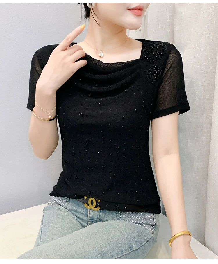 Korean Fashion Hot Diamond T Shirt Summer Casual Skew Neck Mesh Tops Beaded Short Sleeve Women Tees