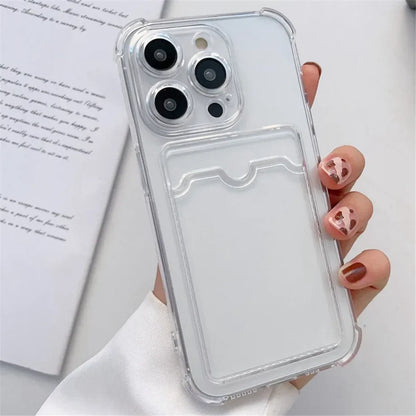 Transparent Card Wallet Slot Bag Holder Case For iPhone 16 15 14 13 12 11 Pro Max Mini X XR 7 8 Plus Clear Shockproof Soft Cover