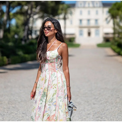 Women Elegant Printed Halter Long Sling Dress Sexy V-neck Sleeveless High Waist Slim A-line Dresses Lady Evening Party Dress