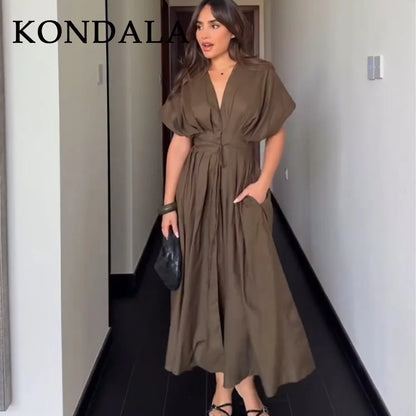 KONDALA 2026 Spring Summer Vintage Women Dress Fashion Single Breasted Sashes Draped V Neck Sleeveless Chic Brown Ladies Dresses