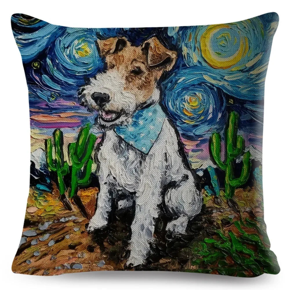 Both Sided Starry Sky Dog Cushion Cover Decor Oil Painting Cartoon Pet Animal Pillow Case for Sofa Home  Linen Pillowcase