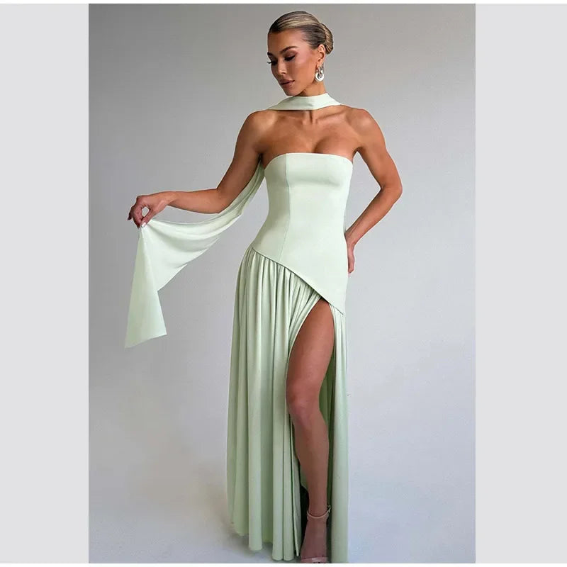 Elegant Off-shoulder Strapless Yellow Long Dresses 2025 Summer Party Dress Women Pleat Scarf Neck Holiday Evening Lady Vestidos