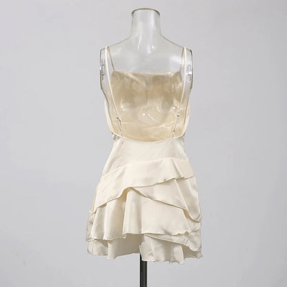 TWOTWINSTYLE Solid Spliced Ruffles Slimming Dresses For Women O Neck Sleeveless High Waist Temperament Mini Dress Female Fashion