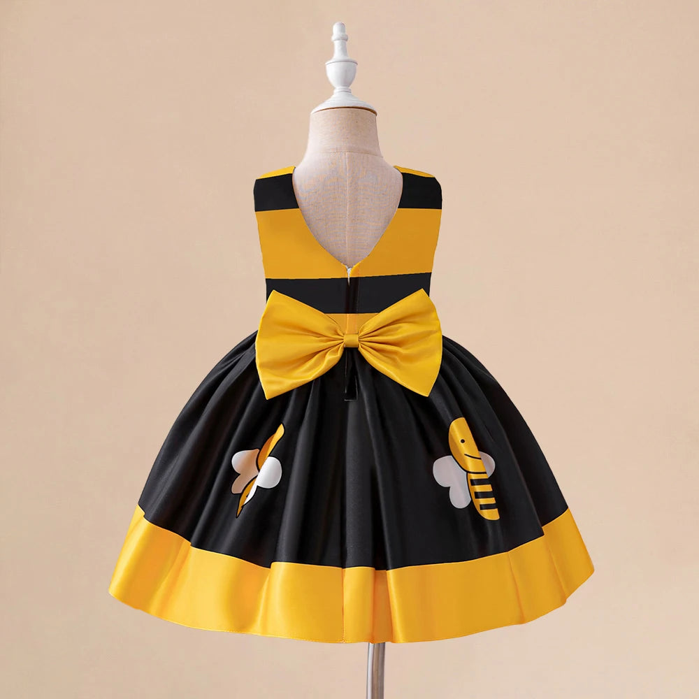 Yellow Honey Bee Tutu Party Dress For Baby Girl Kids Bee Stripe Summer Casual Dresses Children Bow Daily Holiday Gown Girls Wear