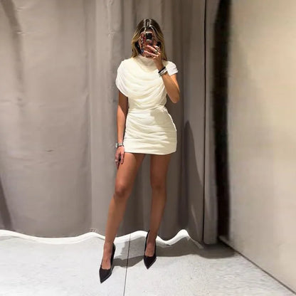 Elegant Mesh Shawl Short Dress Women Pleated Half High Collar Sleeveless Female Dresses 2026 Spring Lady Chic Party Gowns New