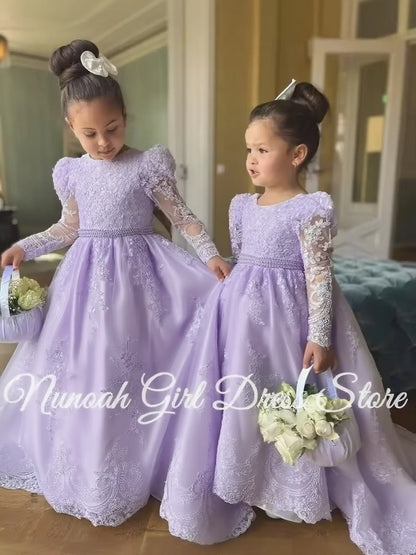 White Flower Girl Dresses for Wedding Bow Lace Appliques Floor Length Girls Kids Birthday Party Communion Party Gowns Customized