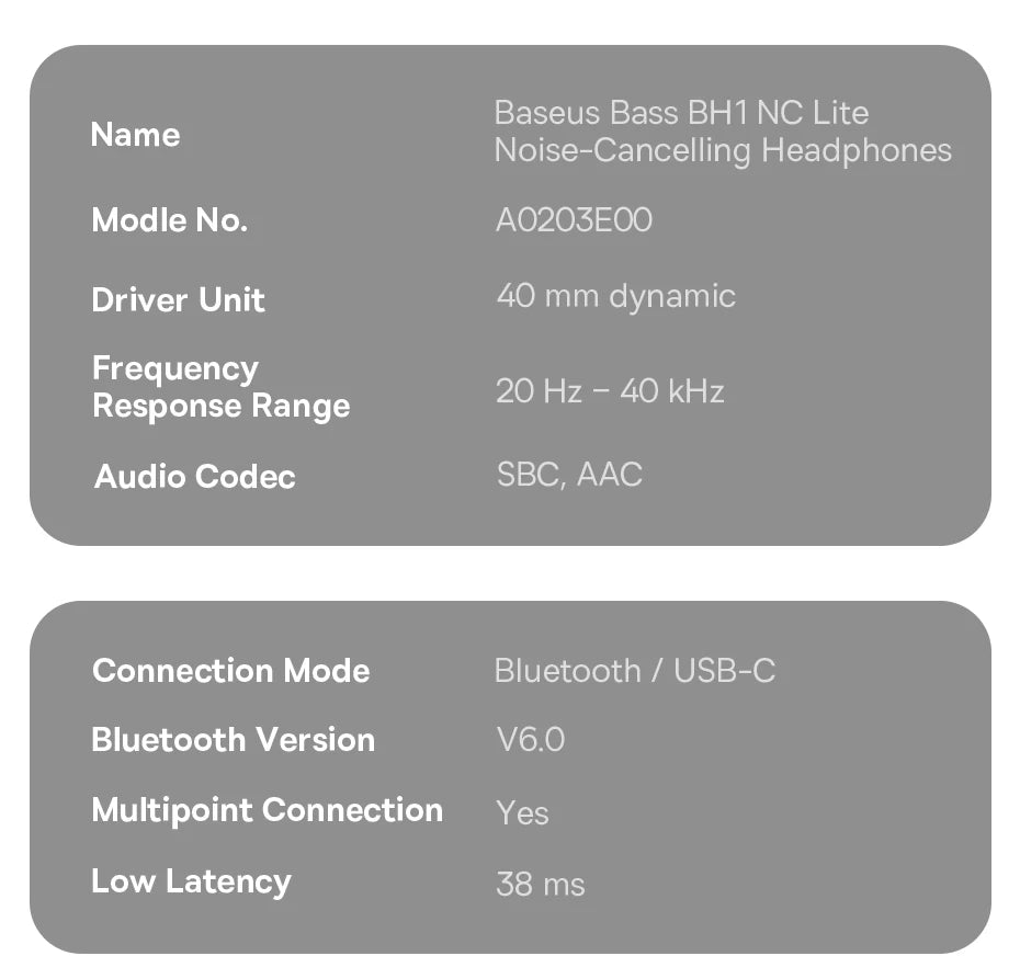 Baseus Bass EH10 NC Wireless Headphones Bluetooth 6.0 Noise Canceling 45dB Over Ear HeadsetSpatial Audio Earphone 80H Time