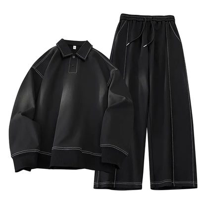 Two-piece set men sportswear Spring New Mens Casual Outdoor Set Square Neck Long Sleeve Loose TShirt Elastic Waist Comfort Pants