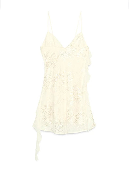 Women's Sexy Sequin Ruffle Short Dress Slim Spaghetti Strap Sleeveless Backless Party Gown for Summer 2025 Elegant Female Dress