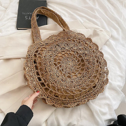 Bohemian Straw Bags for Women Circle Beach Handbags Summer Rattan Shoulder Bags Handmade Knitted Travel Big Totes Bag New