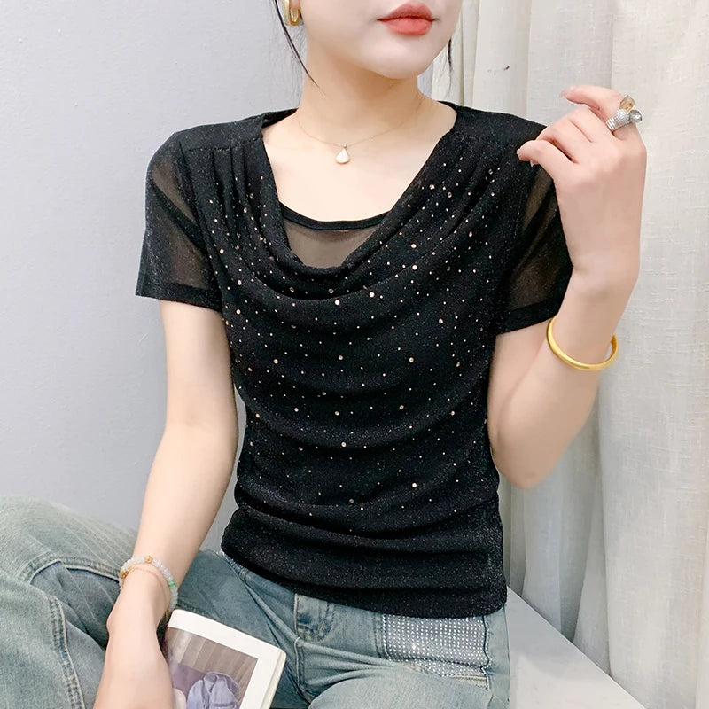 Korean Fashion Hot Diamond T Shirt Summer Casual Skew Neck Mesh Tops Beaded Short Sleeve Women Tees