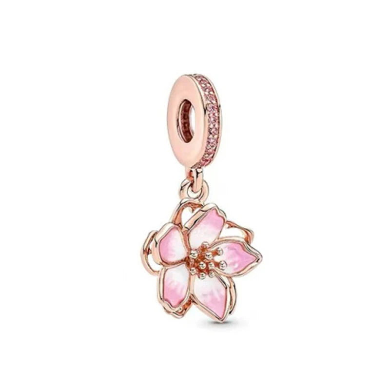 Rose Gold Fine Plated Pink Clip Dasiy Butterfly Dragonfly DIY Charms Fit Original Sterling Silver 925 Bracelet For Women Jewelry