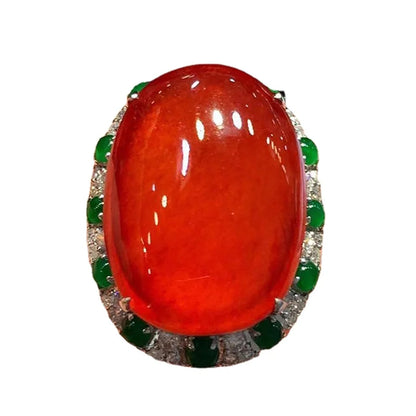 Natural chalcedony Positive red oval large egg face ring opening adjustable Chinese style peculiar retro ladies jewelry