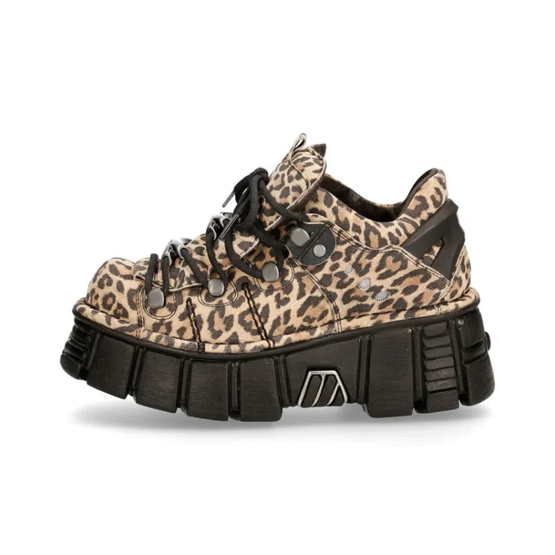 2025 New Punk Women Platform Ankle Boots Leopard Print Rock Round Toe Lace Up Fashion Retro Chunky Shoes Metal Decor Short Boots