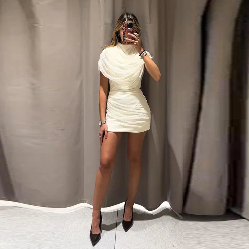 Elegant Mesh Shawl Short Dress Women Pleated Half High Collar Sleeveless Female Dresses 2026 Spring Lady Chic Party Gowns New