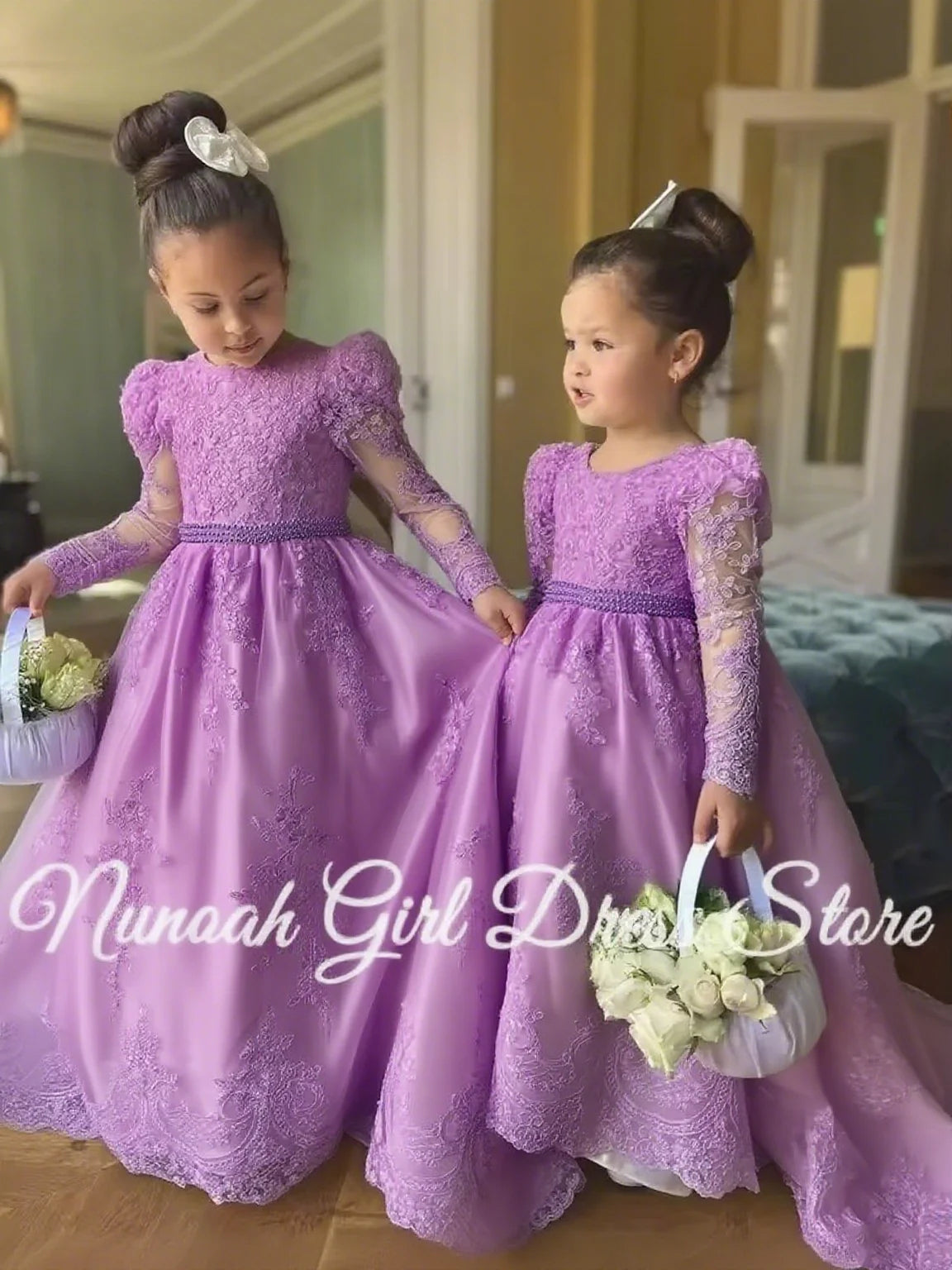 White Flower Girl Dresses for Wedding Bow Lace Appliques Floor Length Girls Kids Birthday Party Communion Party Gowns Customized