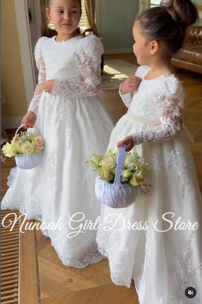 White Flower Girl Dresses for Wedding Bow Lace Appliques Floor Length Girls Kids Birthday Party Communion Party Gowns Customized