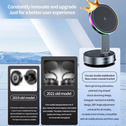 15W Vacuum Suction Cooling Magnetic Wireless Charger Car Phone Holder Mount 360 Rotatable Compatible with Smartphones for iPhone