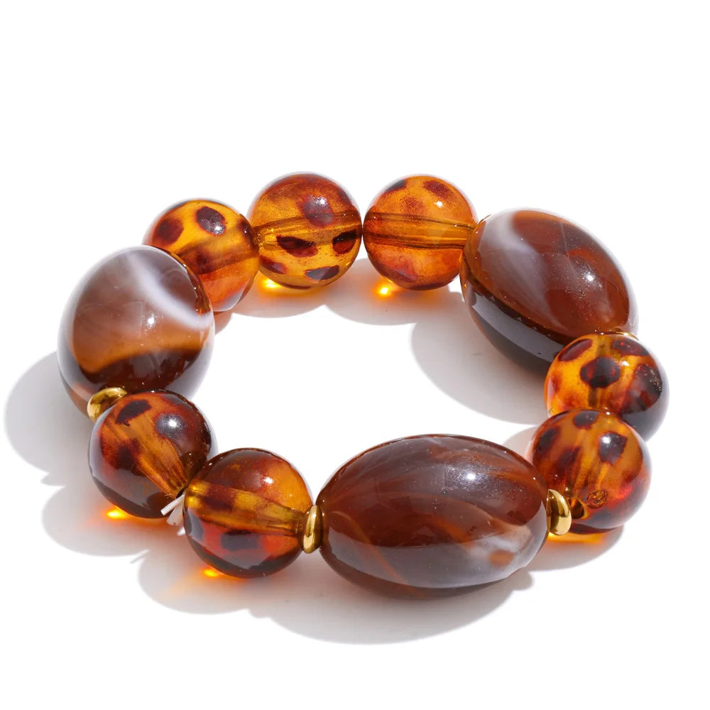 Yhpup New Arrivals Amber Acrylic Resin Round Beads Chain Handmade Bracelet Stainless Steel Stylish Unique Distinctive Jewelry