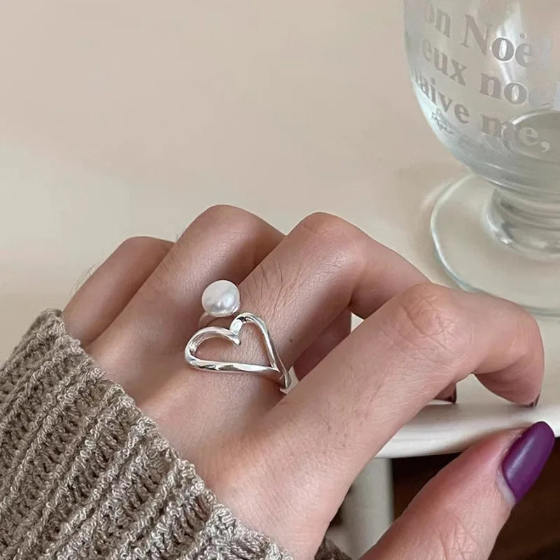 VENTFILLE 925 Sterling Silve Love Heart  Ring for Women Girl Gift Line Pearl Korean Sweet  Jewelry Birthday Gift Dropshipping