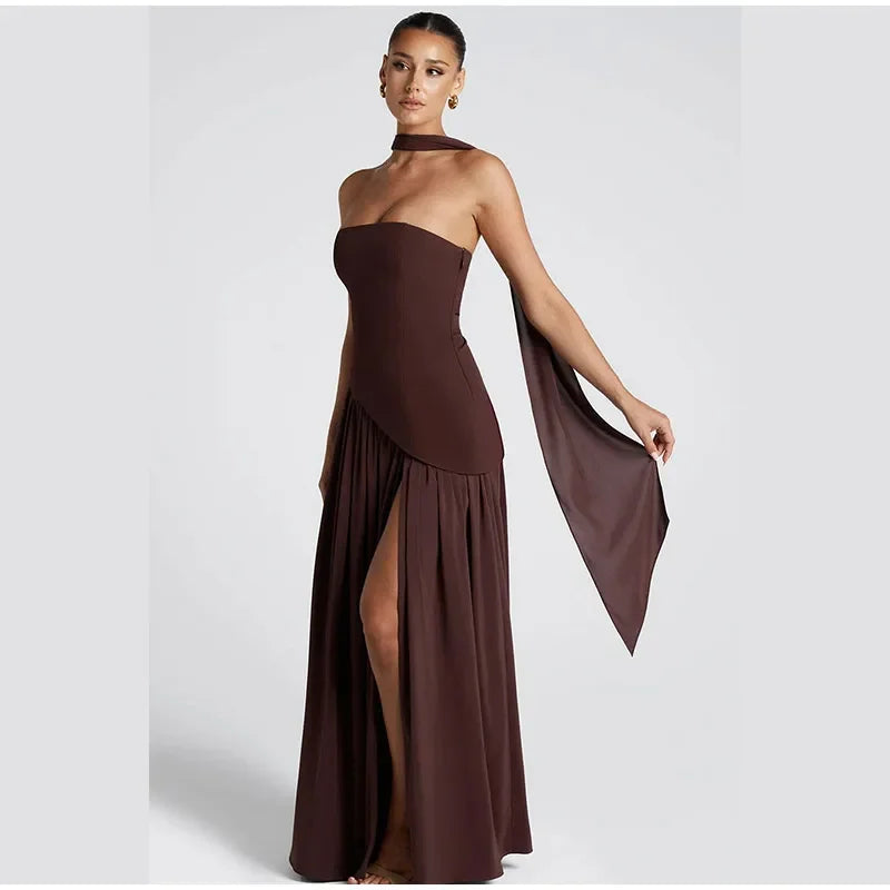 Elegant Off-shoulder Strapless Yellow Long Dresses 2025 Summer Party Dress Women Pleat Scarf Neck Holiday Evening Lady Vestidos