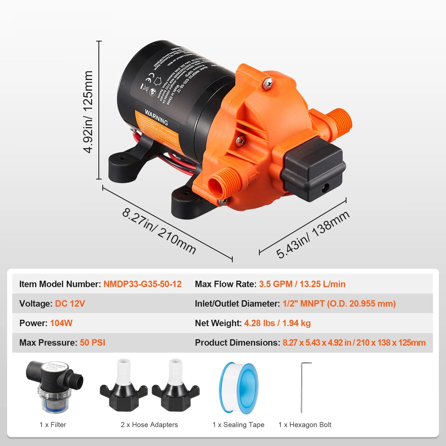SucceBuy 12V Diaphragm Pump 1.8/3/3.5/5 GPM 3/4/5-Chamber 40-100 PSI Adjustable 1/2'' MNPT Port for RV Yacht Food Truck Camper