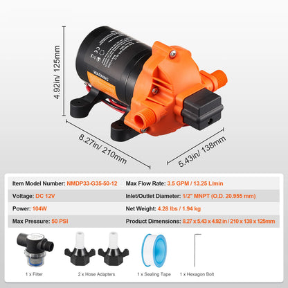SucceBuy 12V Diaphragm Pump 1.8/3/3.5/5 GPM 3/4/5-Chamber 40-100 PSI Adjustable 1/2'' MNPT Port for RV Yacht Food Truck Camper