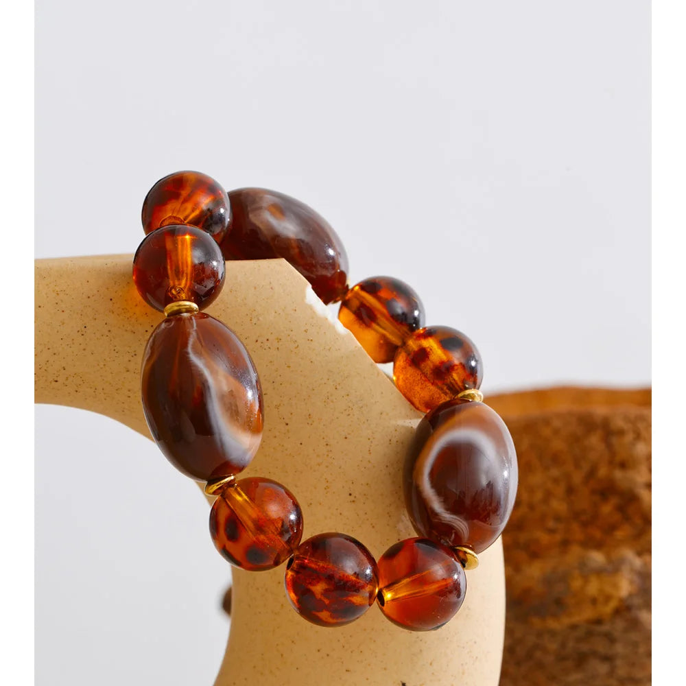 Yhpup New Arrivals Amber Acrylic Resin Round Beads Chain Handmade Bracelet Stainless Steel Stylish Unique Distinctive Jewelry