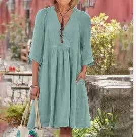 Cotton Linen Solid Color Dress Women's Spring Summer Seven Quarter Sleeve Sexy V-neck Casual Loose Mid Length Dress