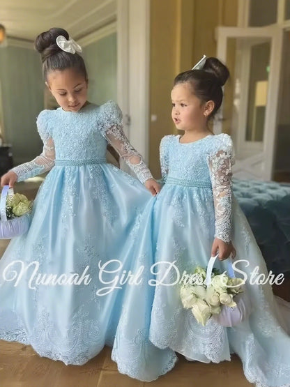 White Flower Girl Dresses for Wedding Bow Lace Appliques Floor Length Girls Kids Birthday Party Communion Party Gowns Customized