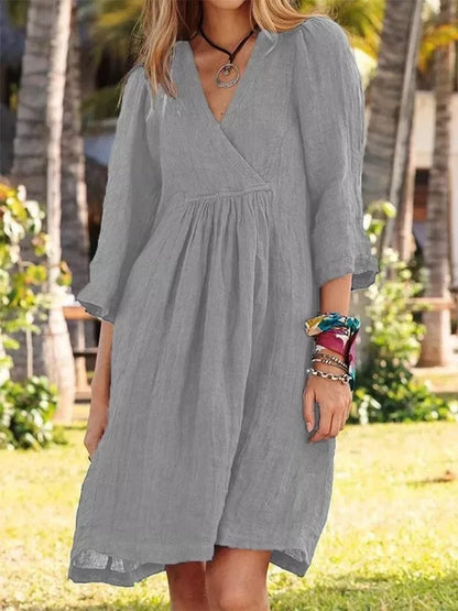 Cotton Linen Solid Color Dress Women's Spring Summer Seven Quarter Sleeve Sexy V-neck Casual Loose Mid Length Dress